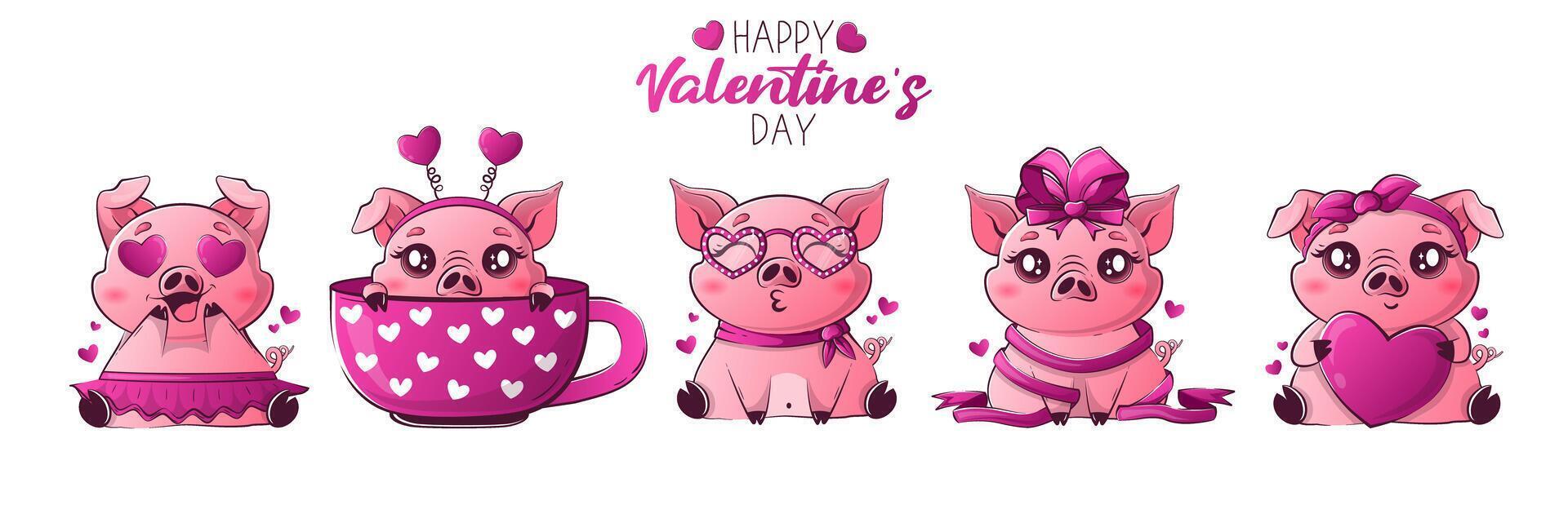 Greeting long web banner with kawaii love pigs for Valentine's day. Simple valentines character happy farm animal vector