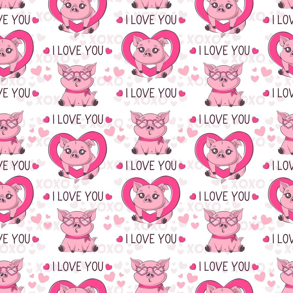 Seamless pattern with kawaii pig in love, i love you inscription. Valentine's day party, vacation, holiday concept.Vector illustration for product design, wallpaper, wrapping paper. vector