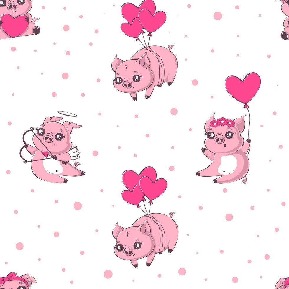 Seamless pattern with kawaii pig in love, heart, dots. Valentine's day party, vacation, holiday concept.Vector illustration for product design, wallpaper, wrapping paper. vector