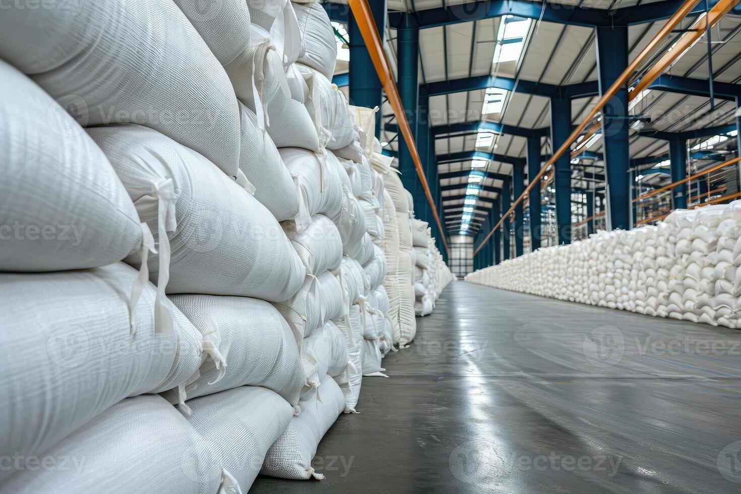 AI generated Rows of big white sacks at large warehouse in modern factory. photo