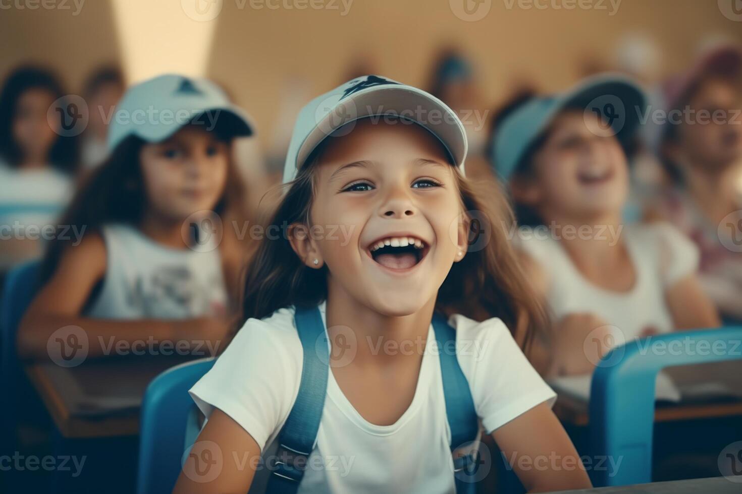 AI Generated Happy cute girl interested schoolchildren smiling interacting elementary pupils in classroom primary school class. Schoolgirl children kids laughing sitting learning studying together photo