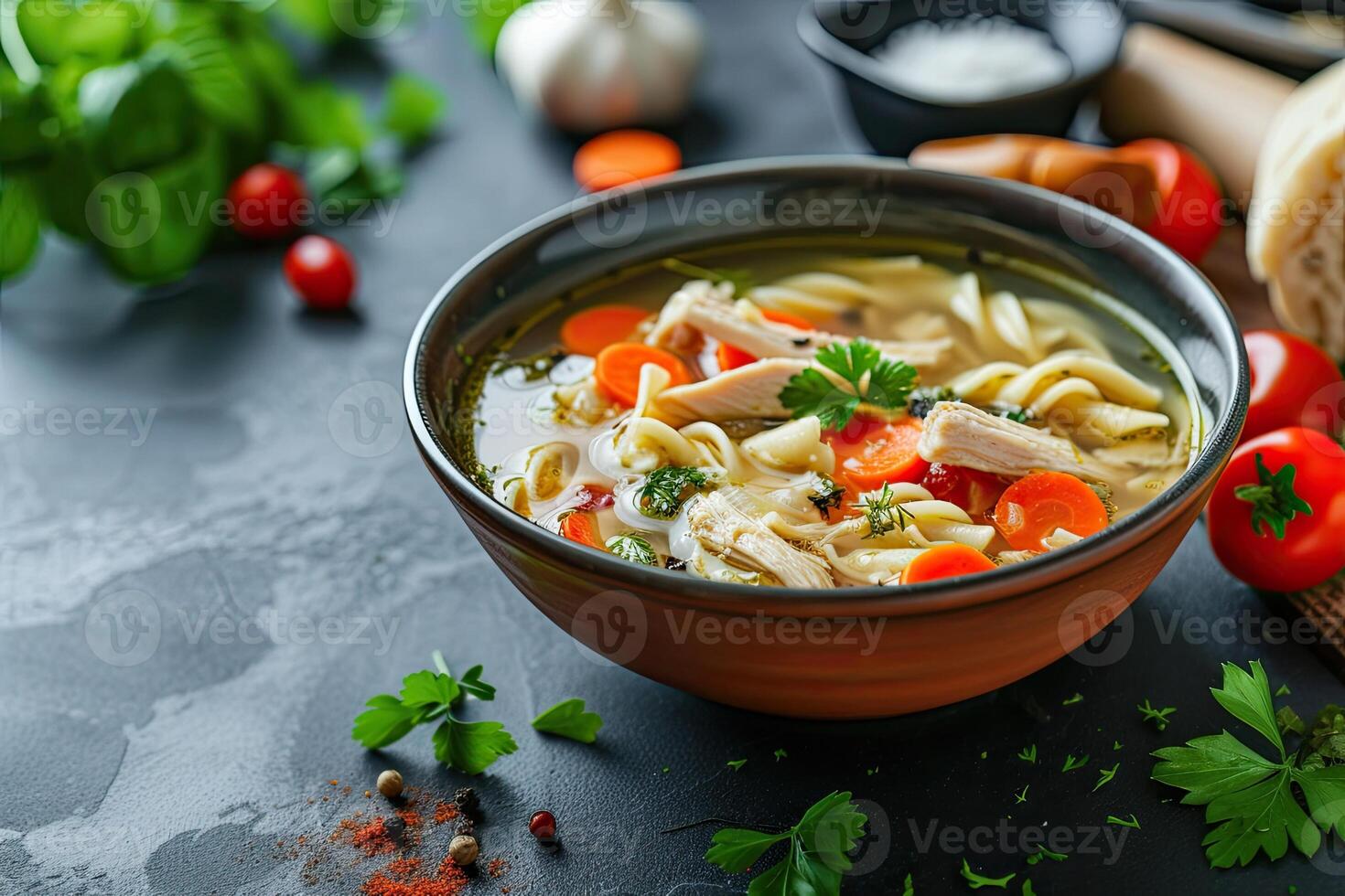 AI generated Homemade chicken noodle soup with vegetables and spices in a bowl. Healthy food concept photo