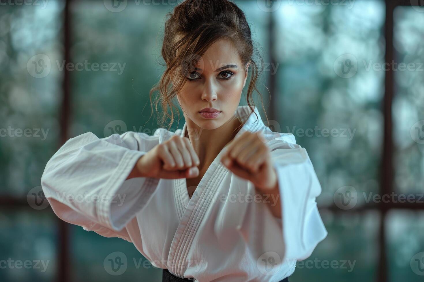 ai generado un hermosa mujer en un blanco kimono y un negro cinturón practicas kárate foto