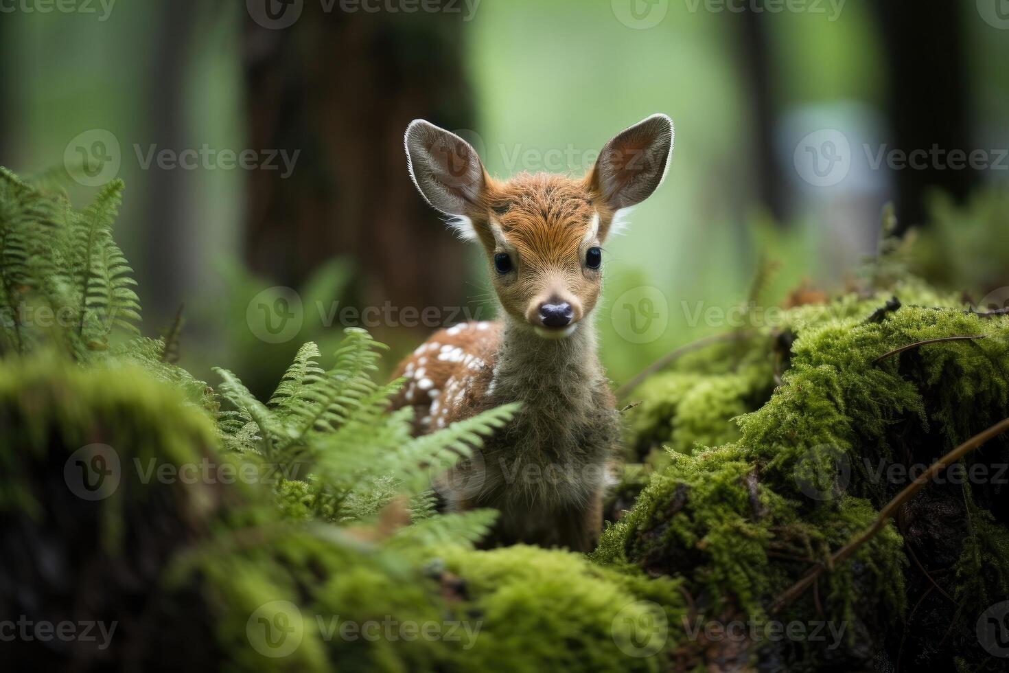 ai generado un bebé ciervo en el bosque foto