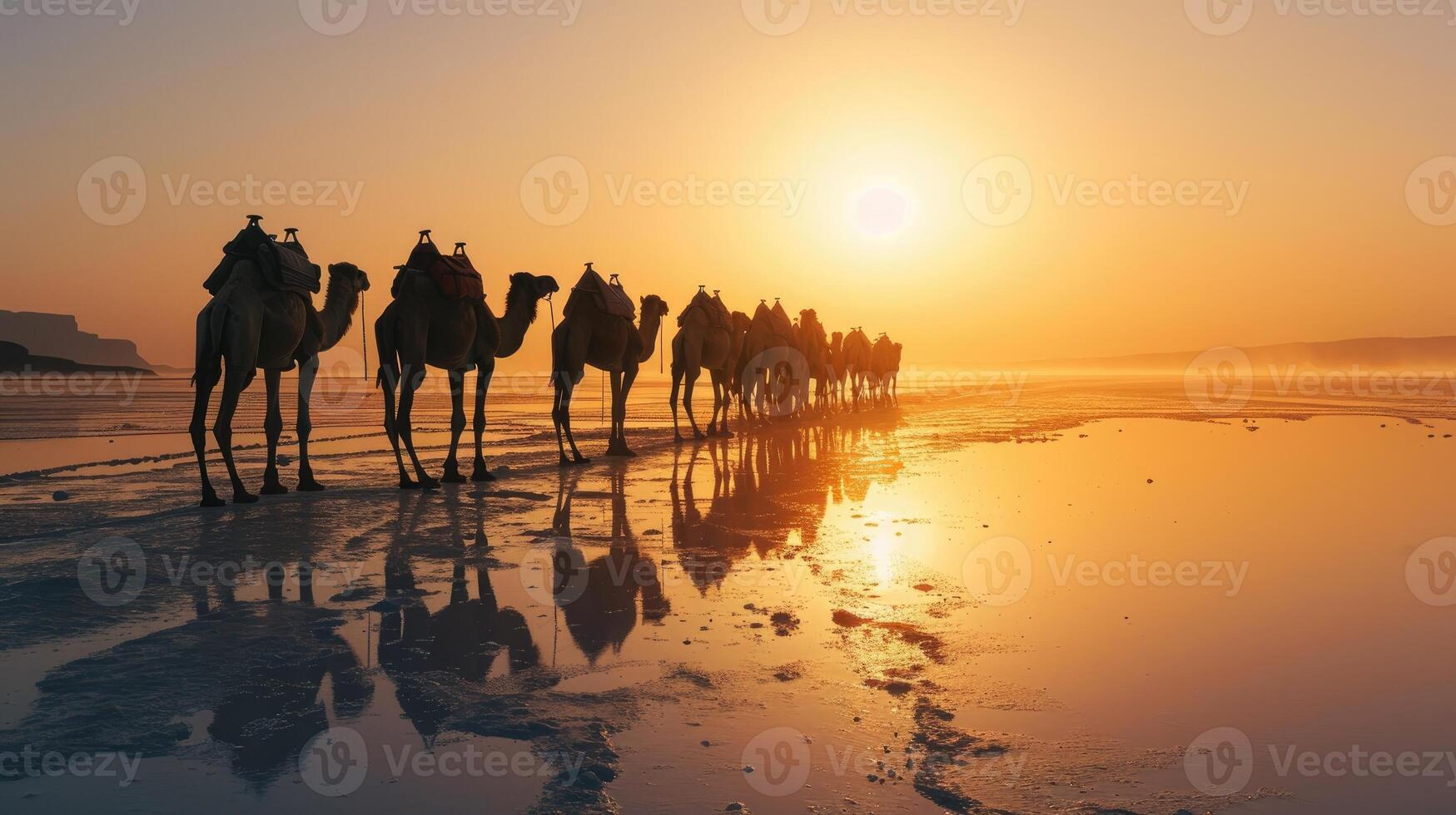 AI generated Caravan of camels on the salt lake at sunrise. photo