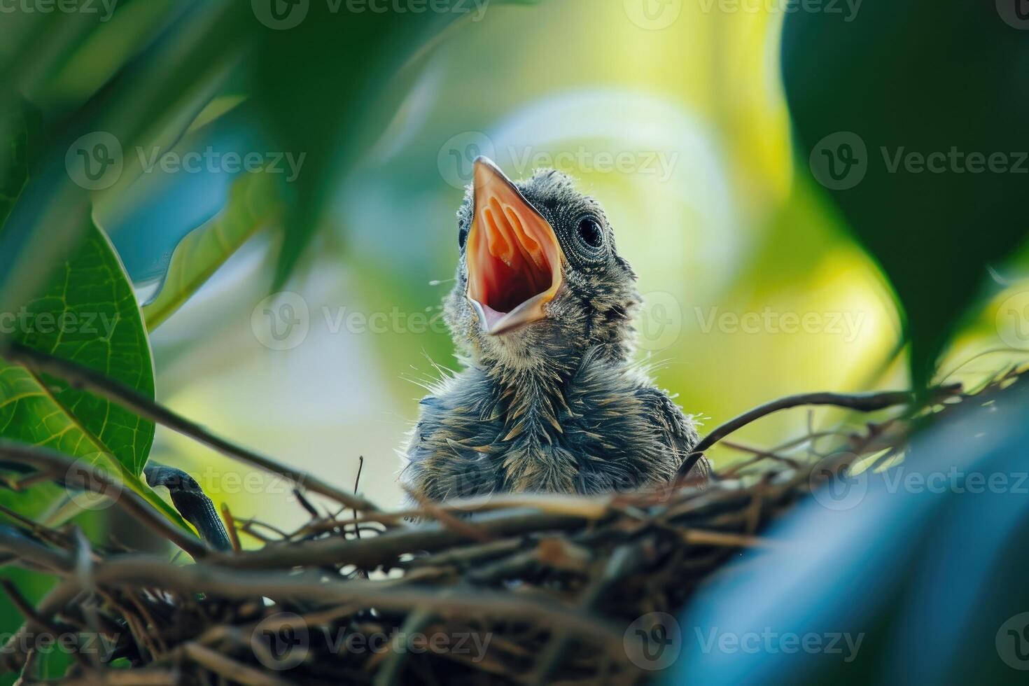 ai generado joven pájaro en nido con abierto boca esperando a ser alimentado. foto