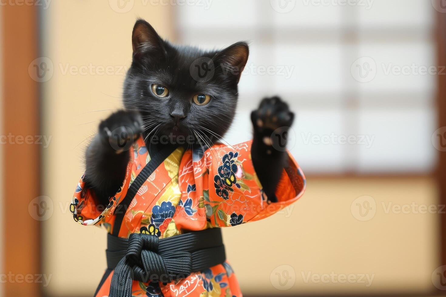 AI generated A cute black cat in a kimono karate uniform takes an exercise pose. photo