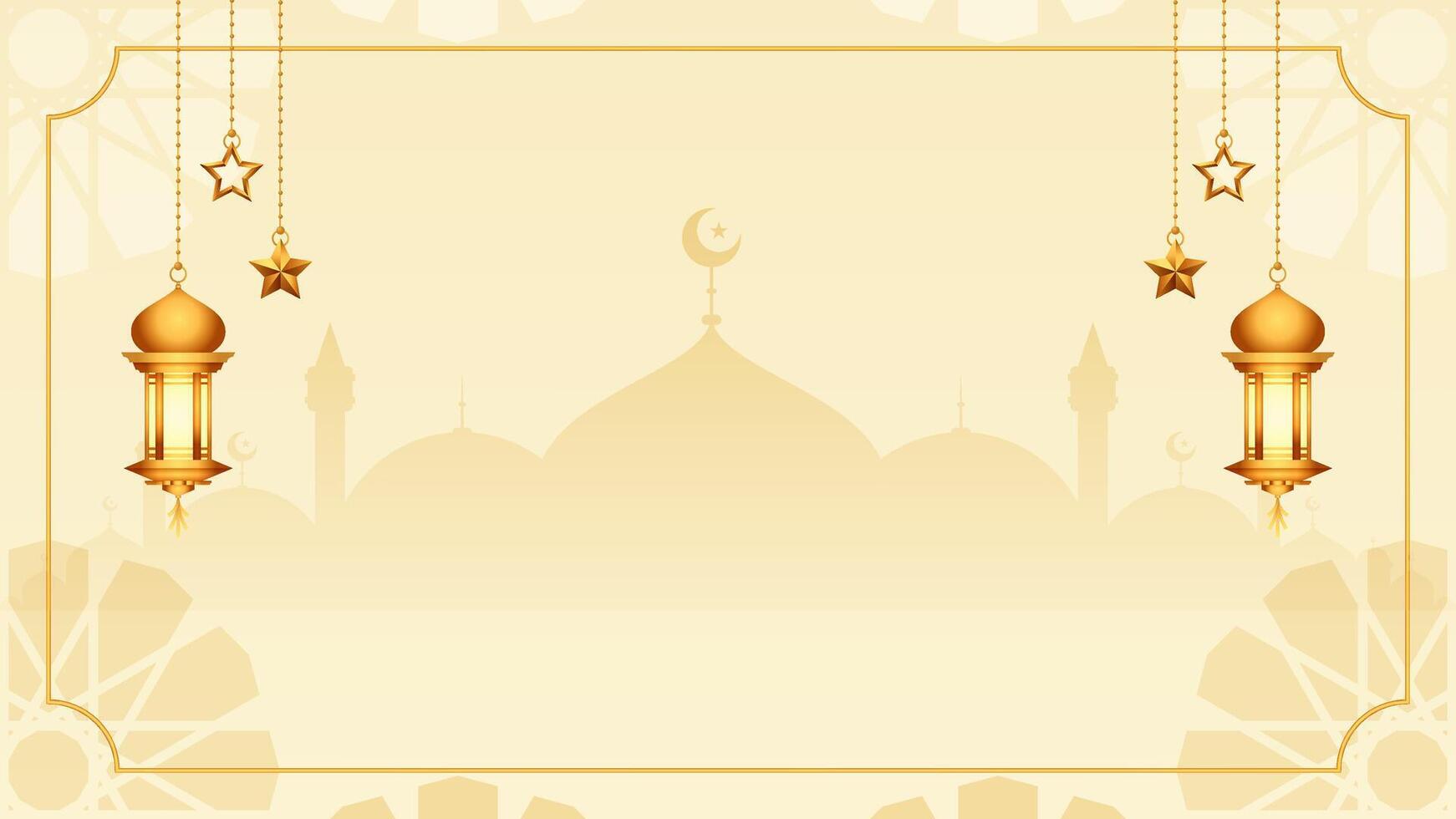 Satin Cream White Simple Islamic Blank Horizontal Vector Background Decorated With Hanging Lantern And Golden Stars
