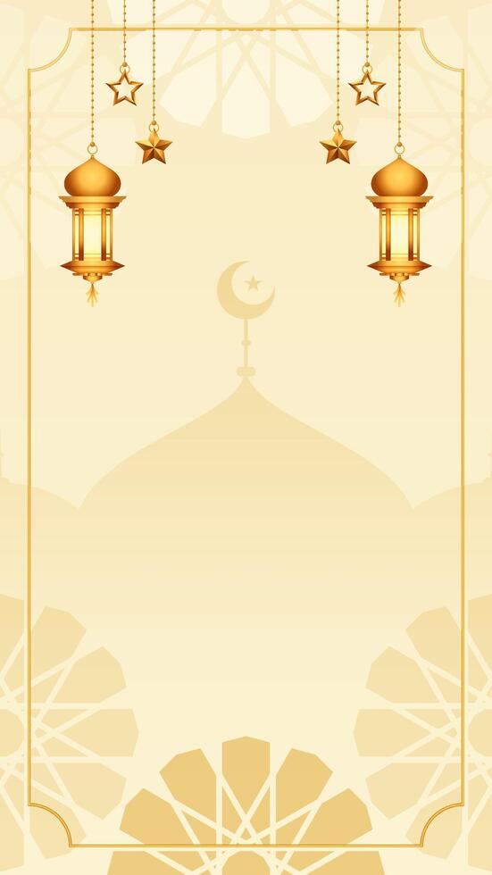 Satin Cream White Simple Islamic Blank Vertical Vector Background Decorated With Hanging Lantern And Golden Stars