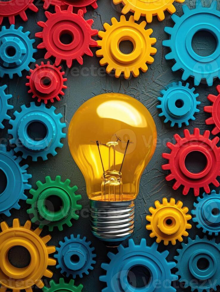 AI generated Light bulb and gear colored wheels photo