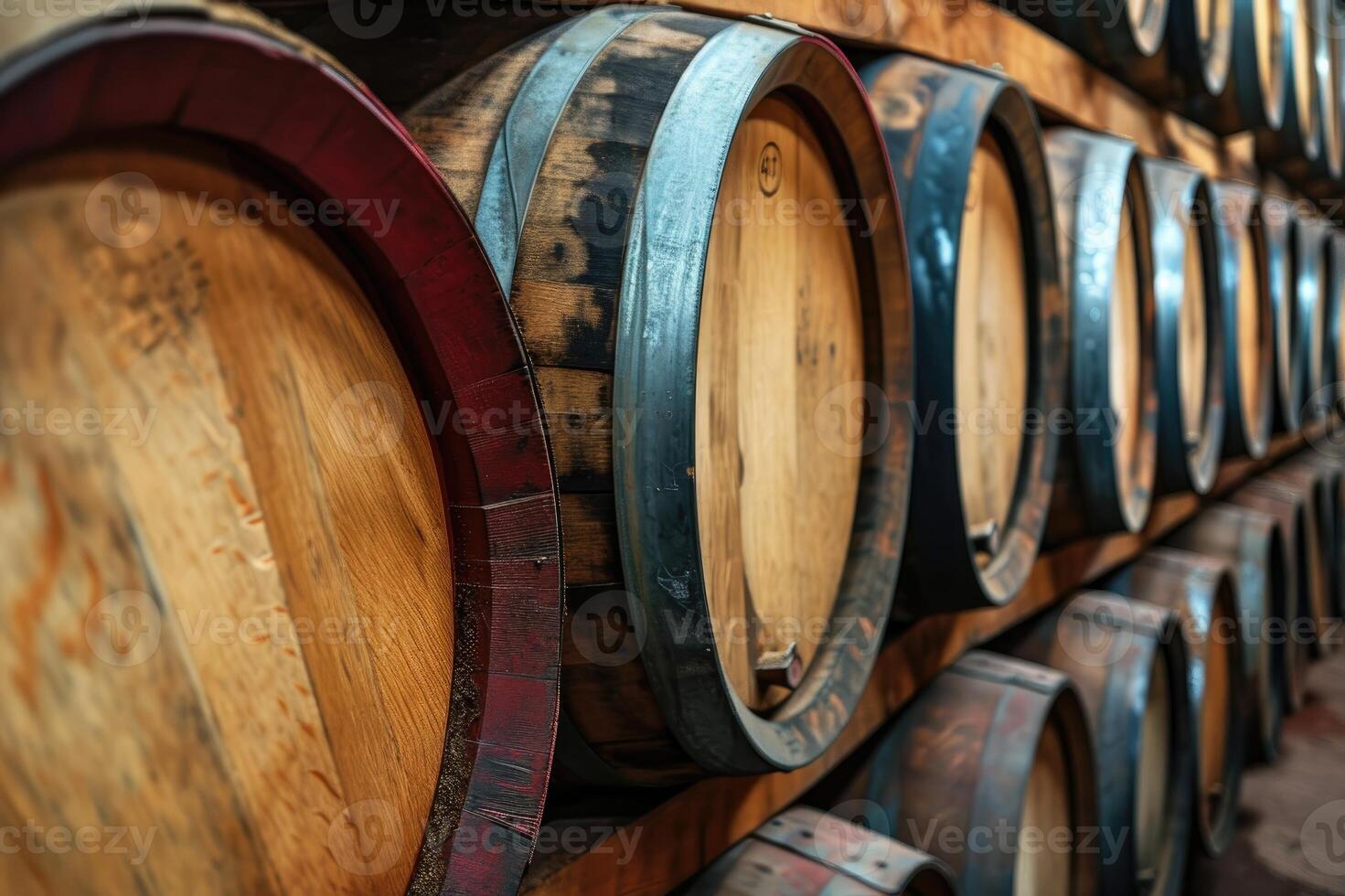 AI generated Wooden oak wine barrels stacked in a row photo