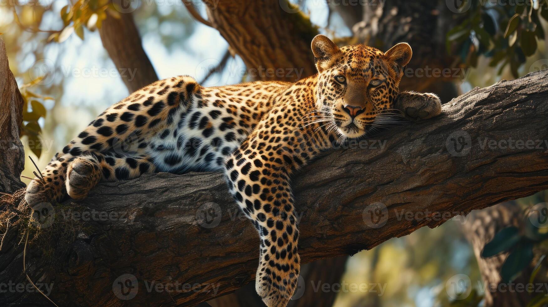 AI generated Leopard is resting on a tree trunk photo