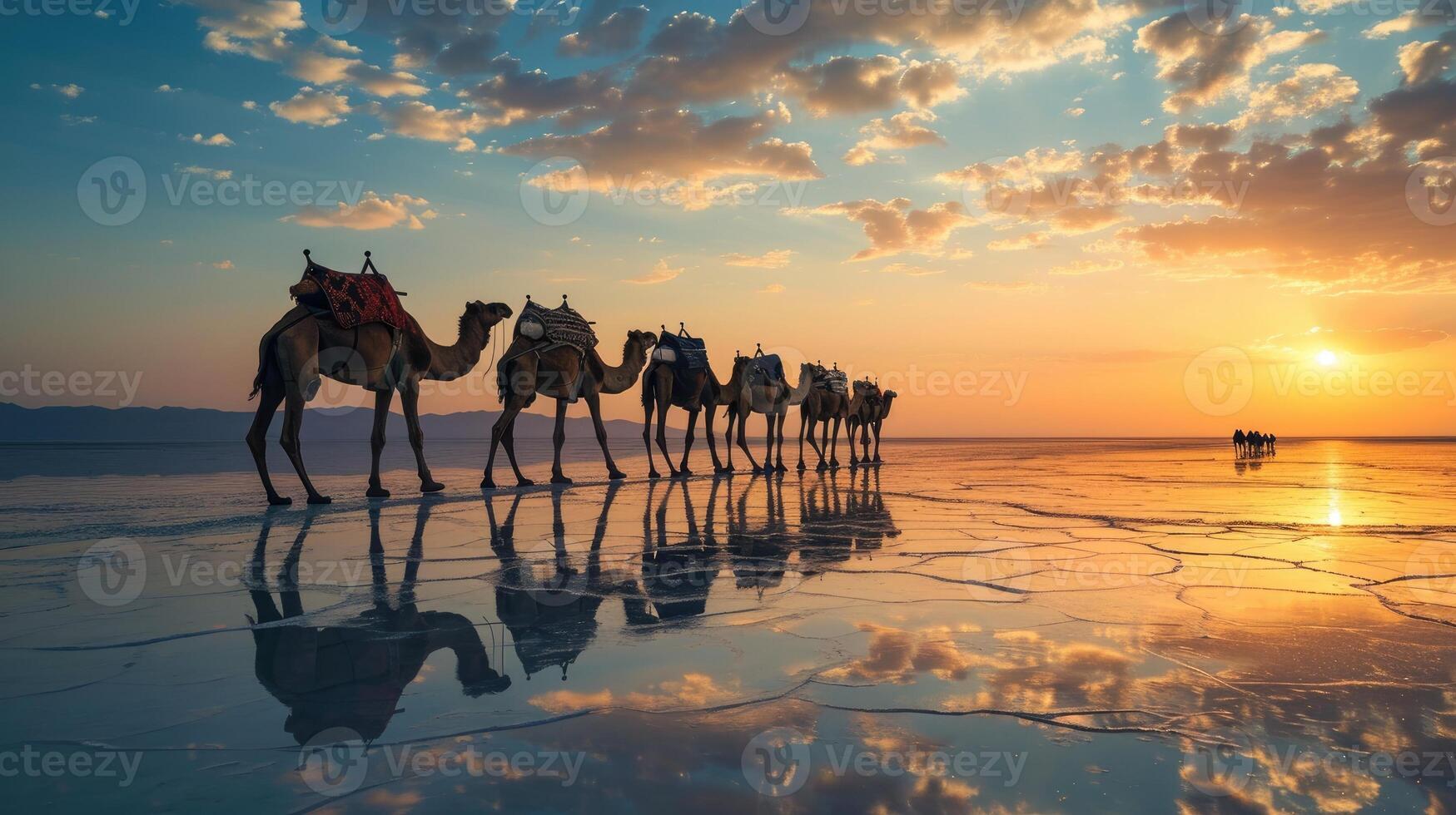 AI generated Caravan of camels on the salt lake at sunrise. photo