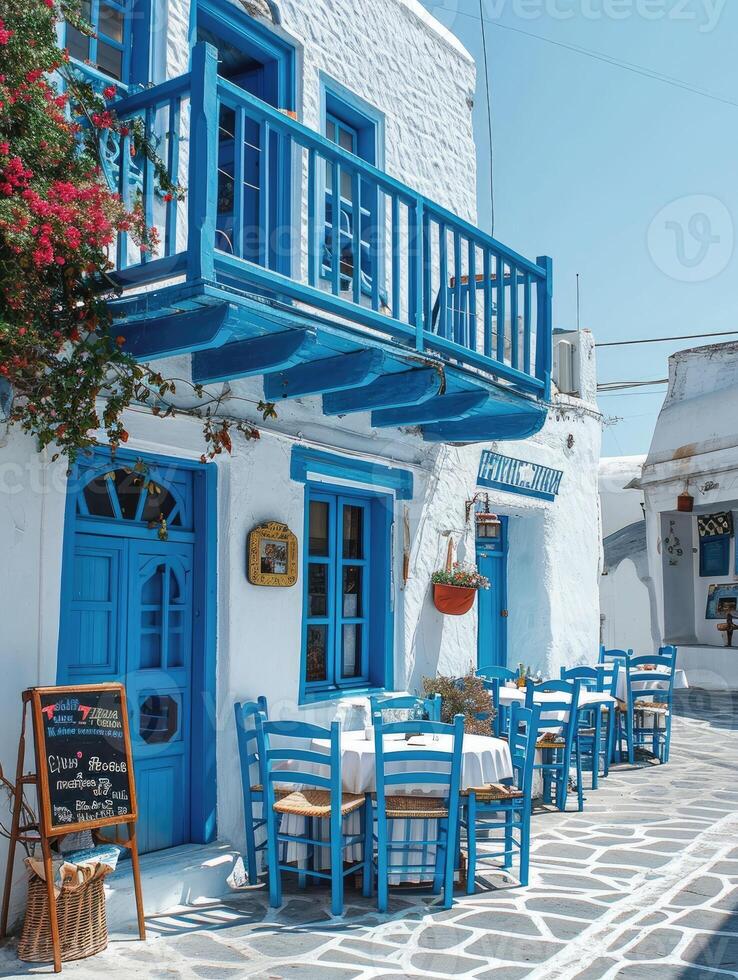 AI generated Greek culture with traditional white and blue greek architecture, taverna photo