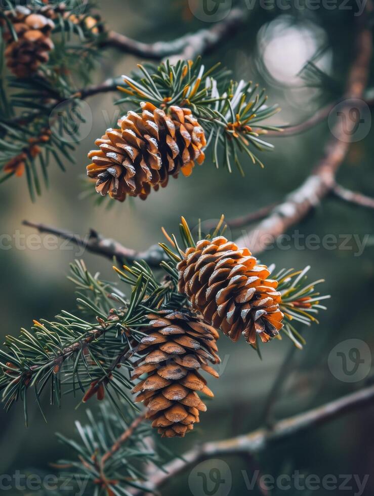 AI generated Pine cones on a tree branch photo