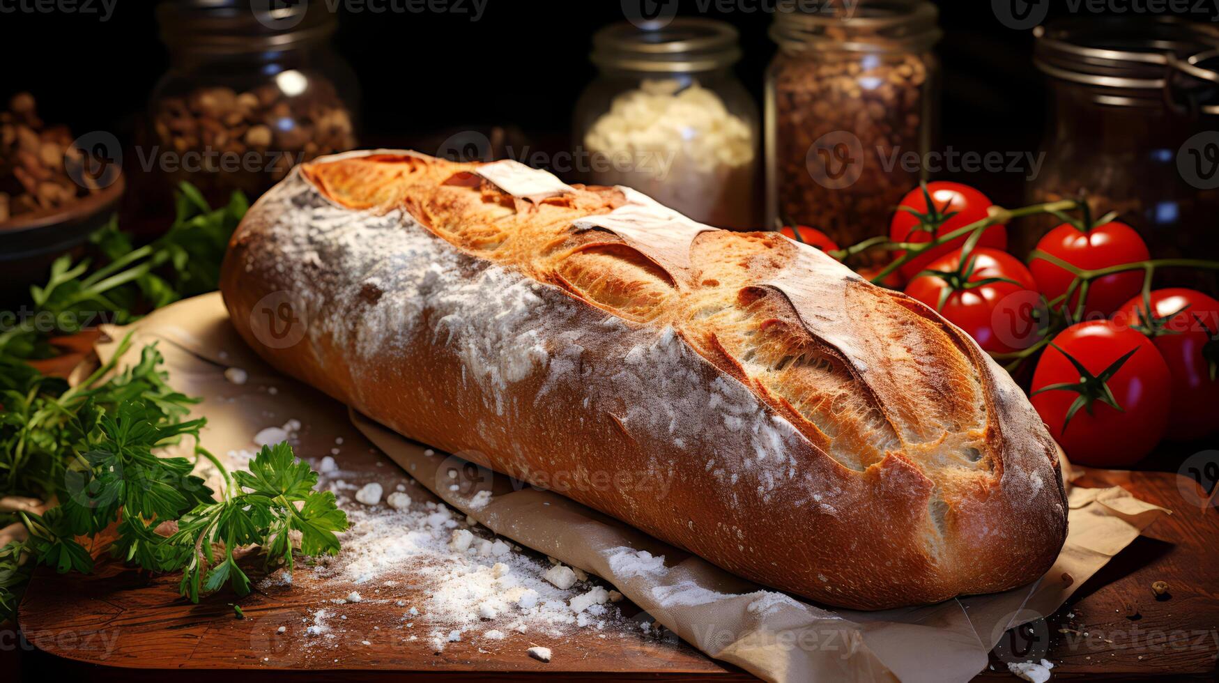 AI generated Freshly baked bread on a wooden board with wheat and flour. photo