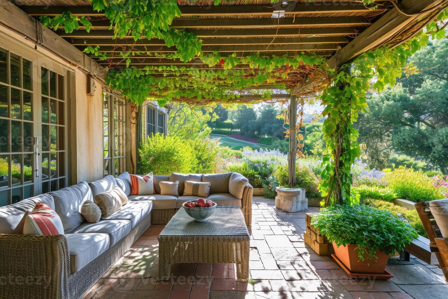 AI generated Cozy patio with sofas and a table. Pergola shade over patio. photo