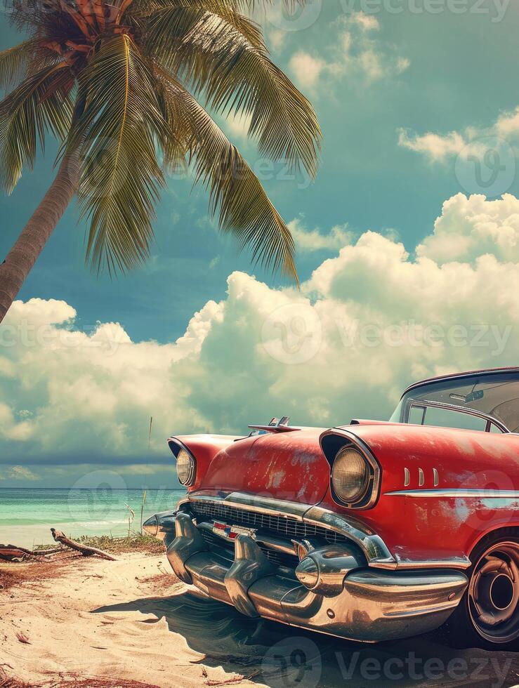 AI generated Red old car parked on a tropical beach photo