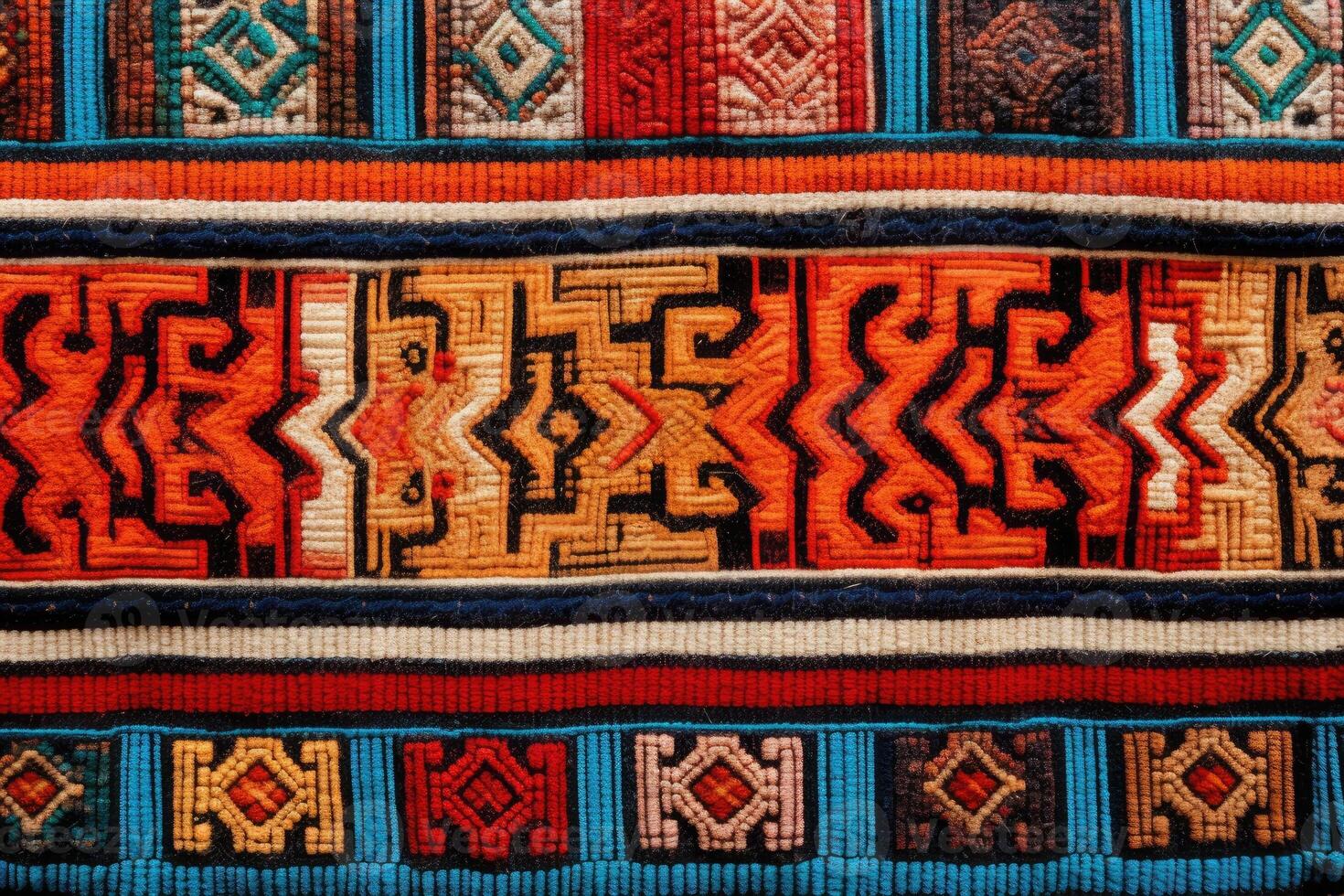 AI generated Ancient Inca textile, showcasing the intricate patterns and vibrant colors. Textile from Mexico photo