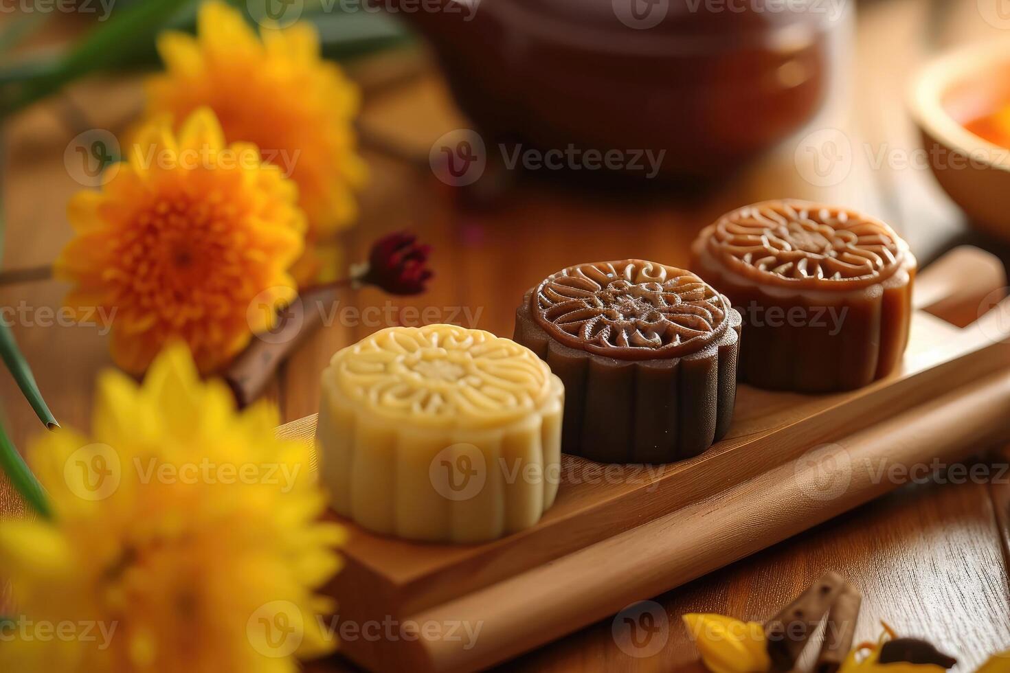 AI generated Chinese traditional Moon cakes at mid autumn festival. photo