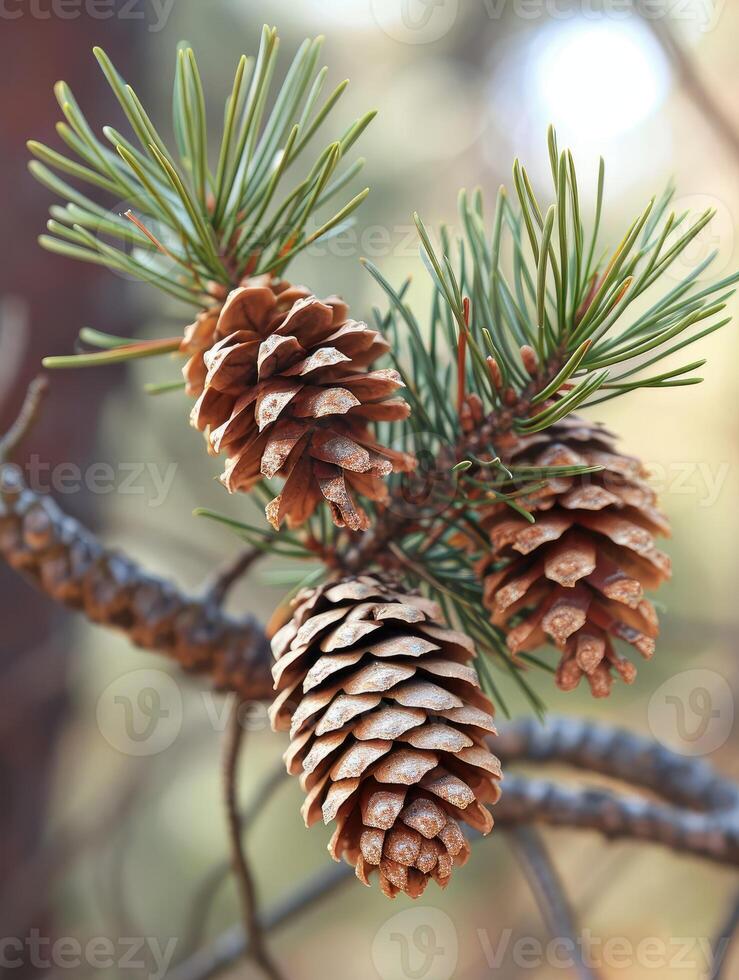 AI generated Pine cones on a tree branch photo