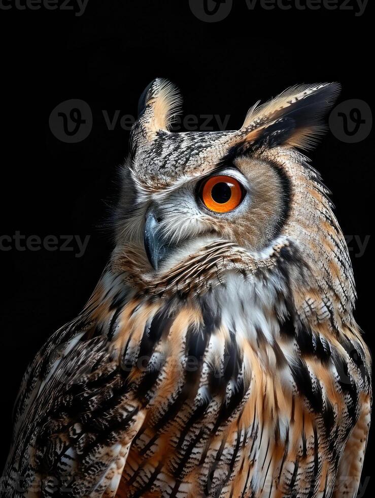 AI generated Eurasian Eagle Owl isolated on black background photo