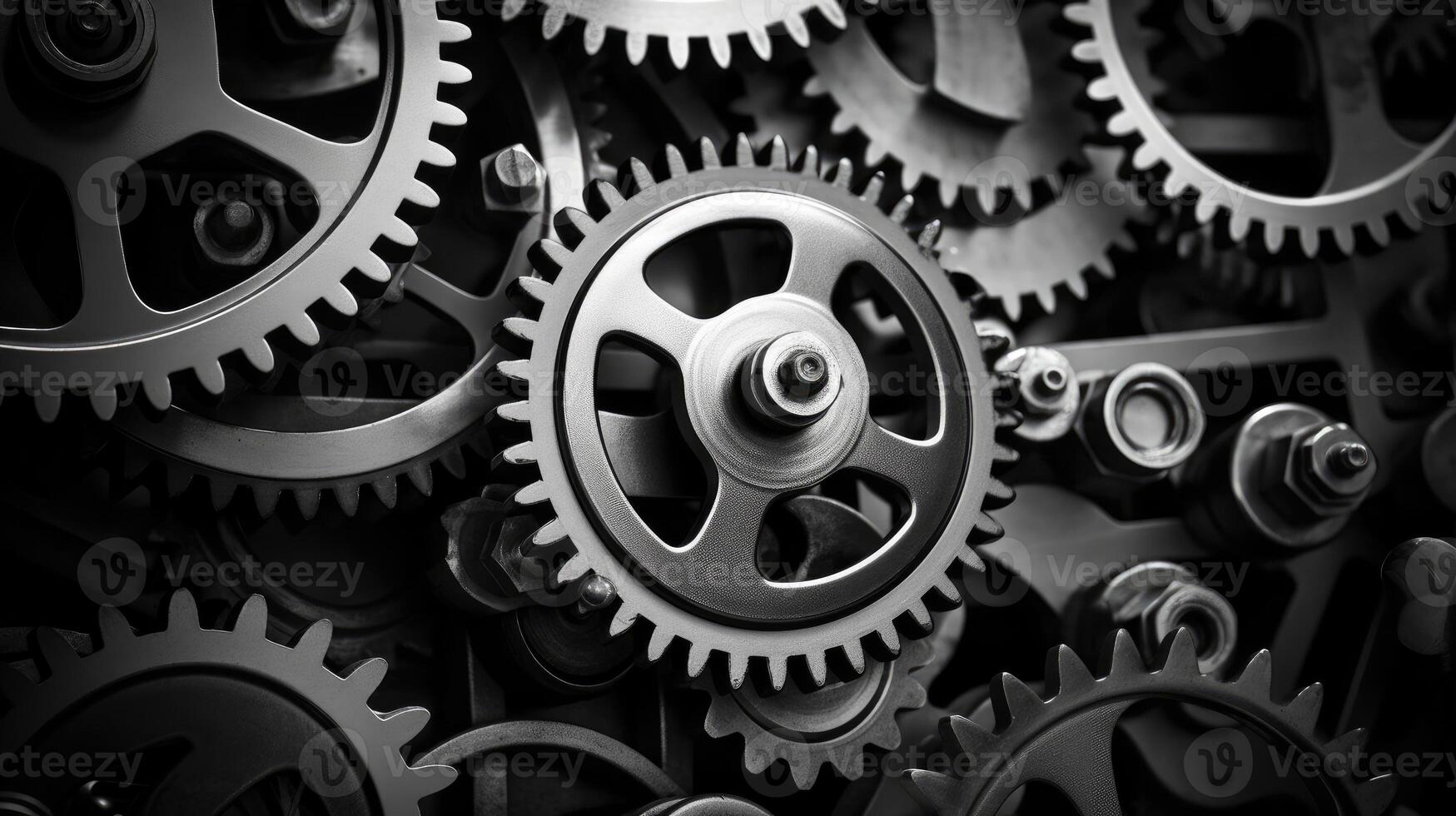 AI generated Retro black and white background of industrial cogs or gears with movement photo