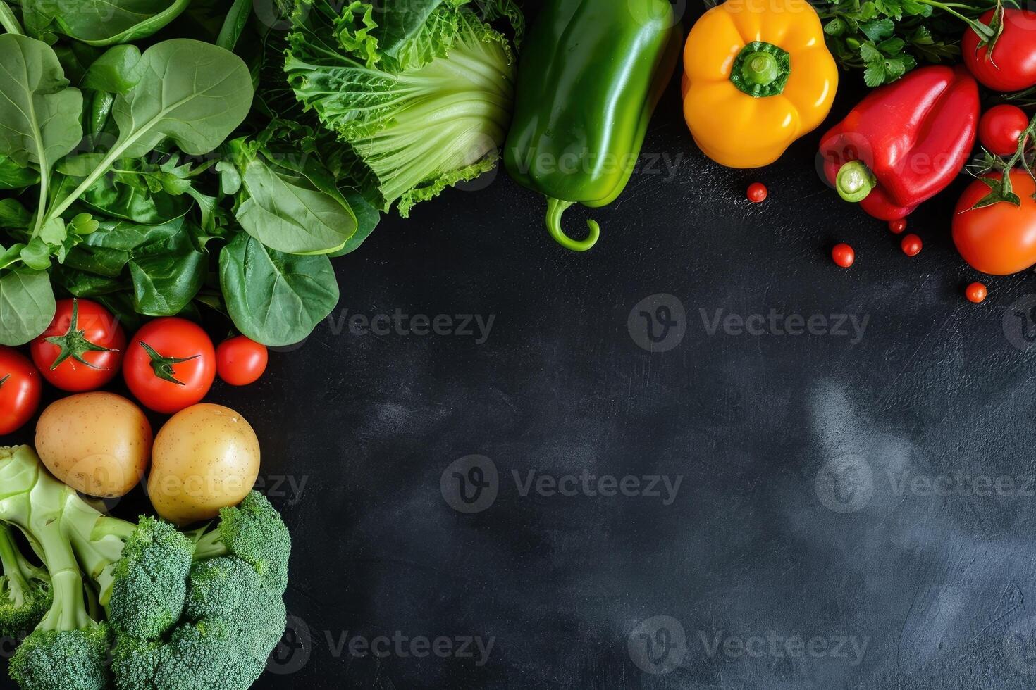 AI generated Top view portrait of assortment of fresh raw vegetables on black background with blank space. photo