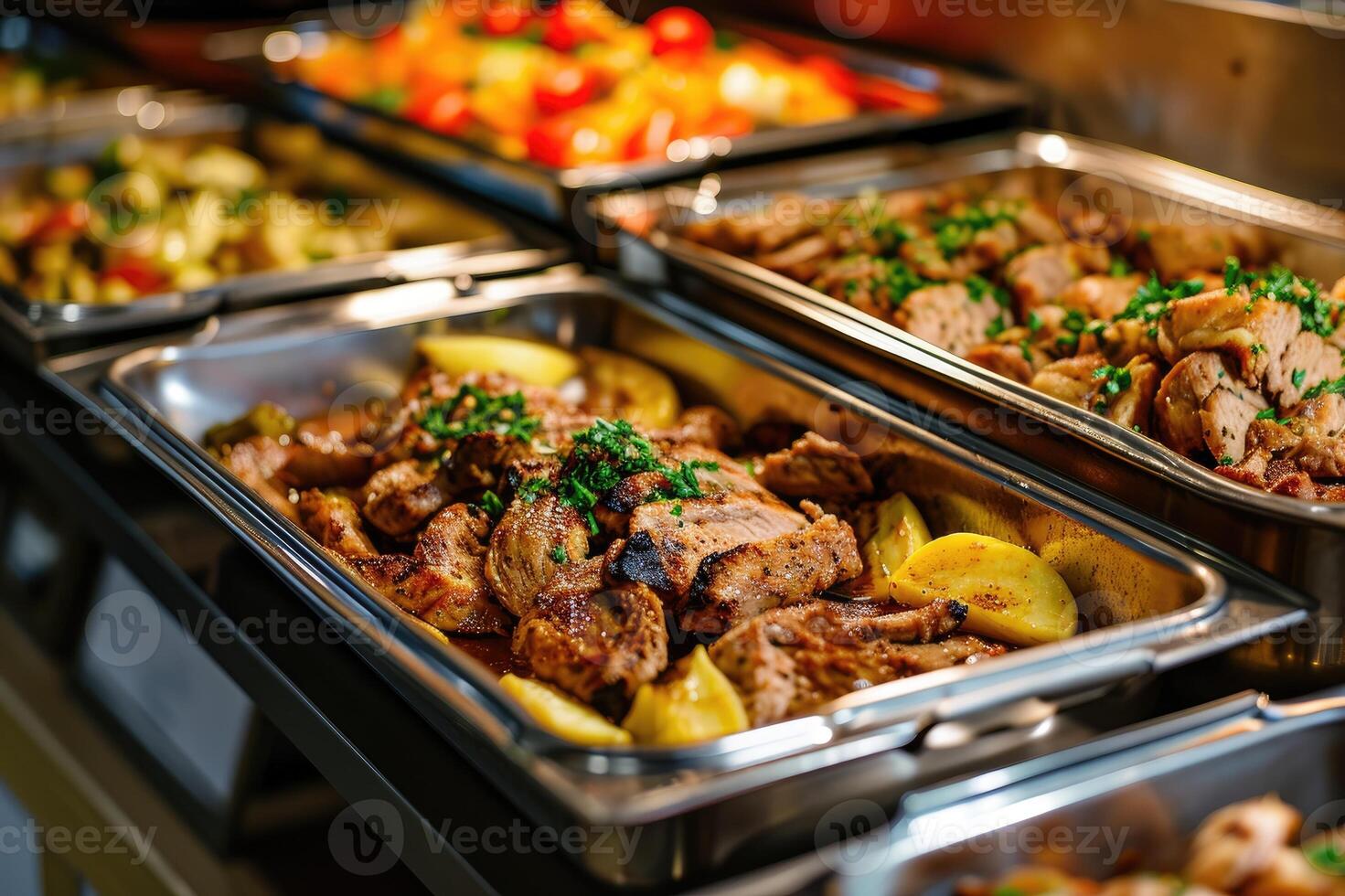 AI generated Catering buffet food indoor in restaurant with grilled meat. photo