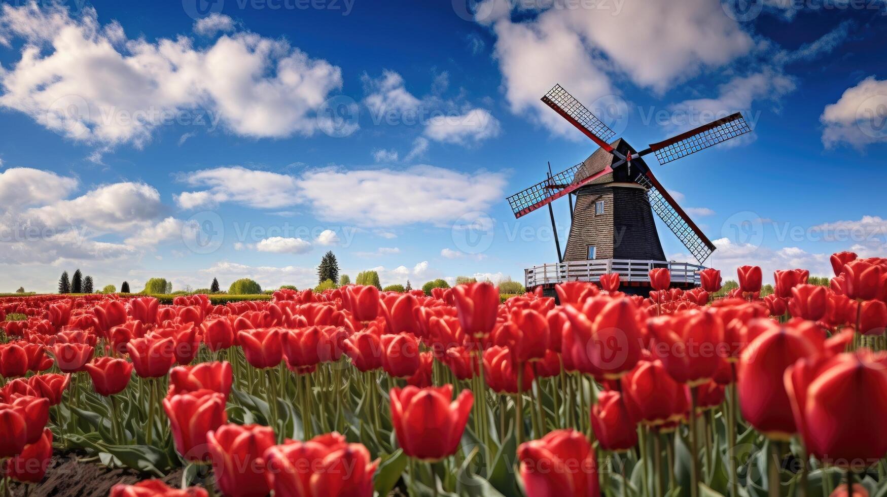 ai generado tradicional holandés molino y vistoso rayas de tulipanes campo, Holanda. foto