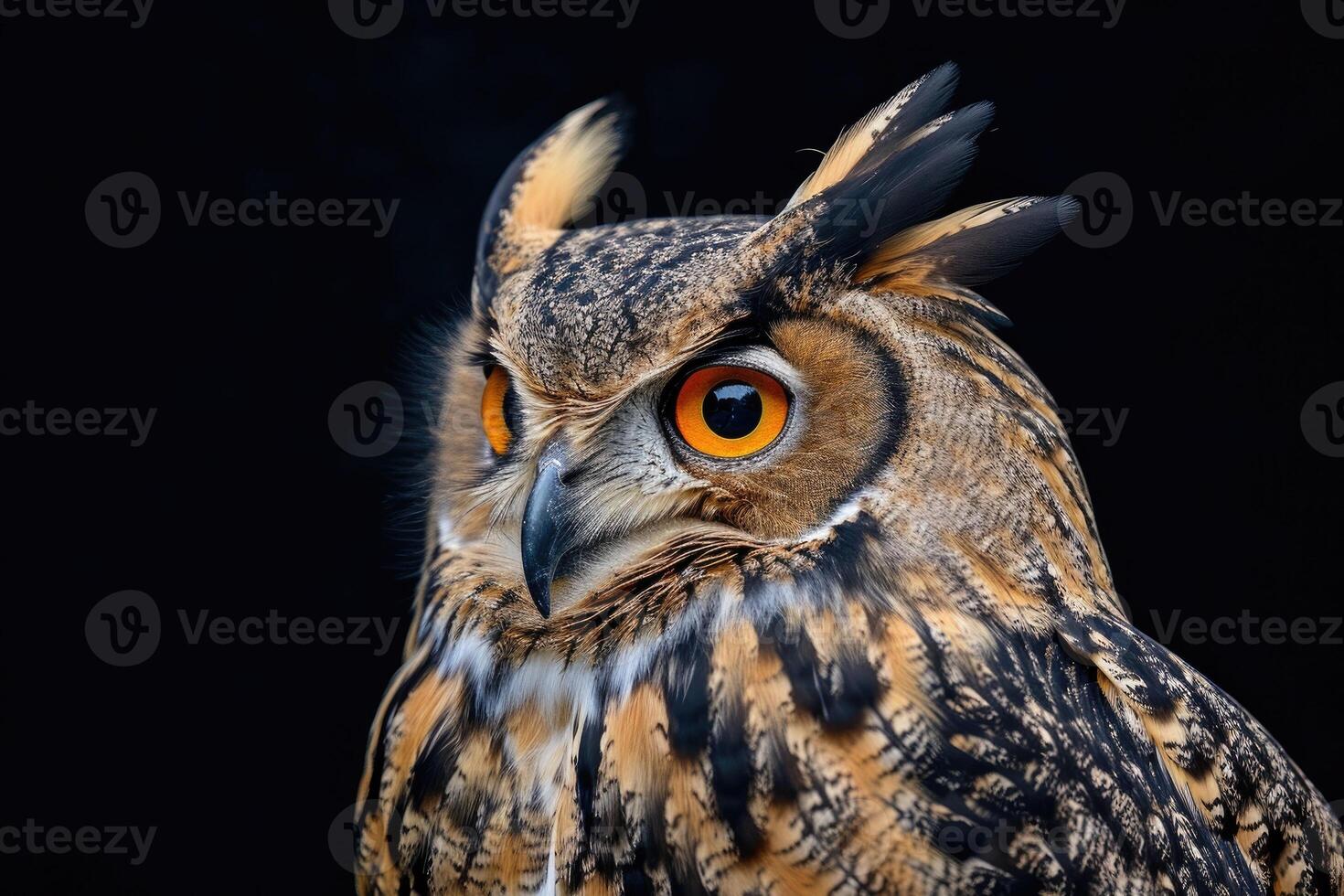AI generated Eurasian Eagle Owl isolated on black background photo