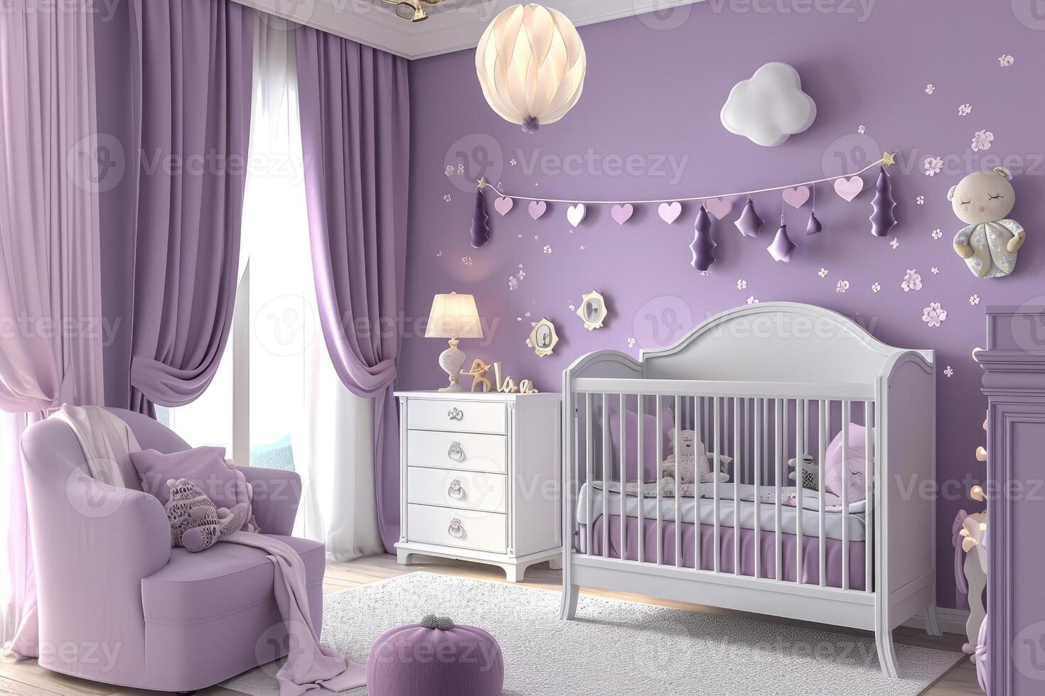 AI generated Purple baby room interior with crib photo