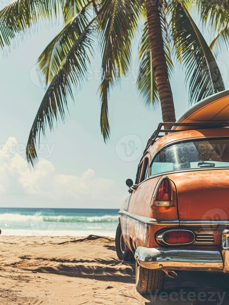 AI generated An old car parked on a tropical beach with a canoe on the roof. photo