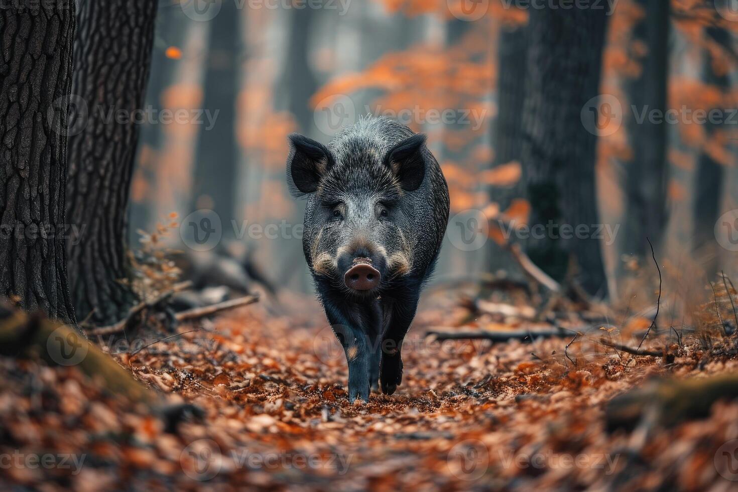 AI generated Lonely wild boar walks in forest. photo