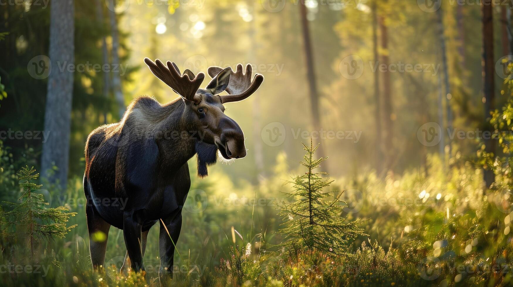 AI generated Close-up of moose in a summer forest. photo