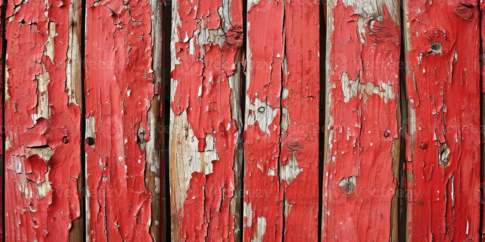 AI generated Wooden rustic background with peeled red paint. photo