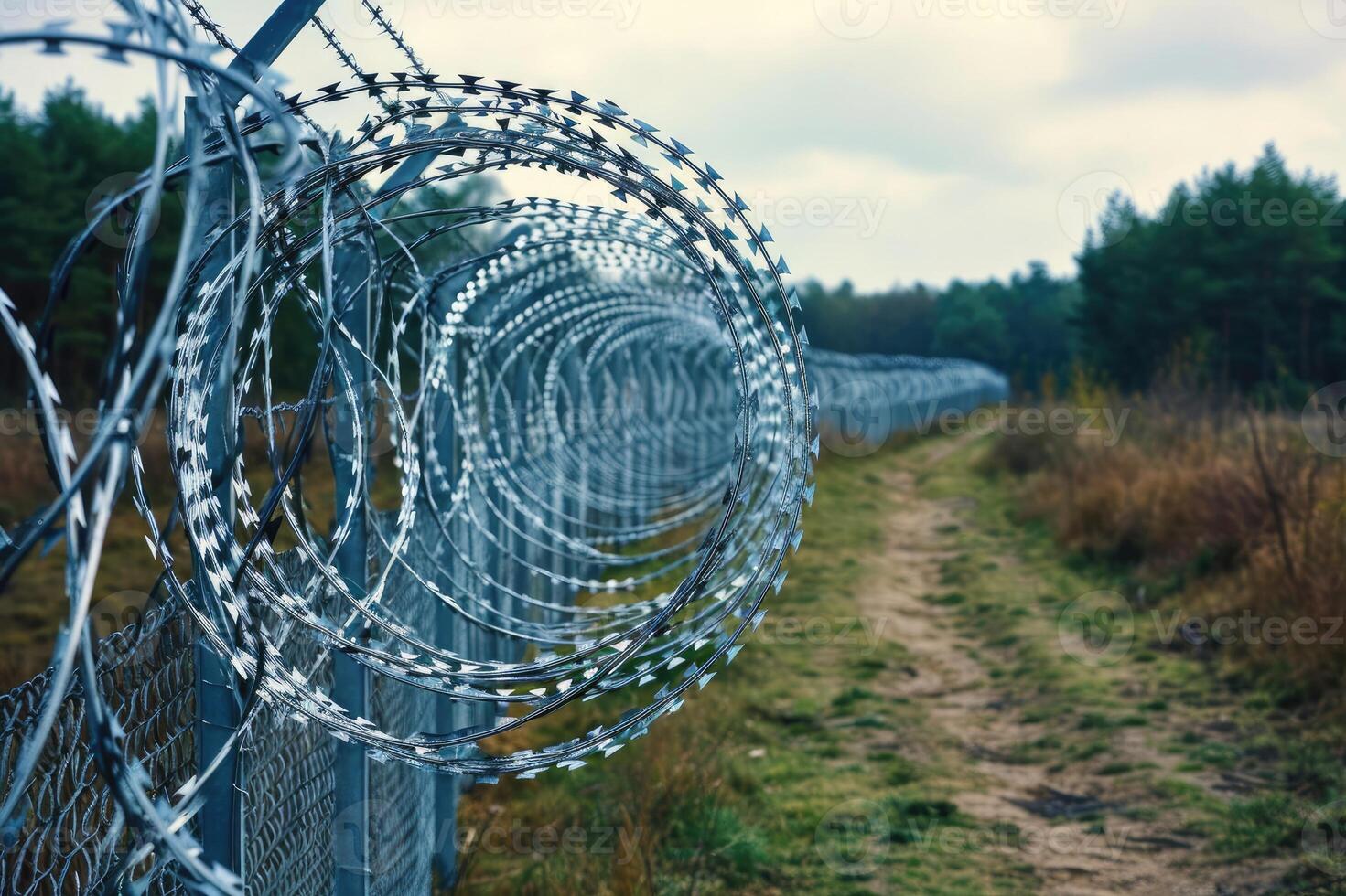 AI generated Barbed and razor wire fence. Fencing the state border against immigration photo