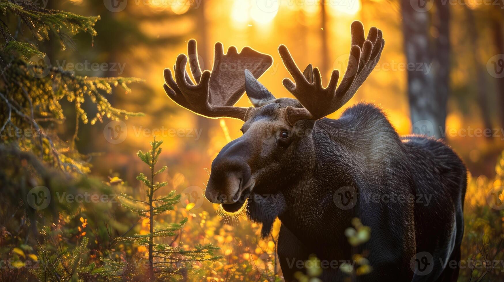 AI generated Close-up of moose in a summer forest. photo