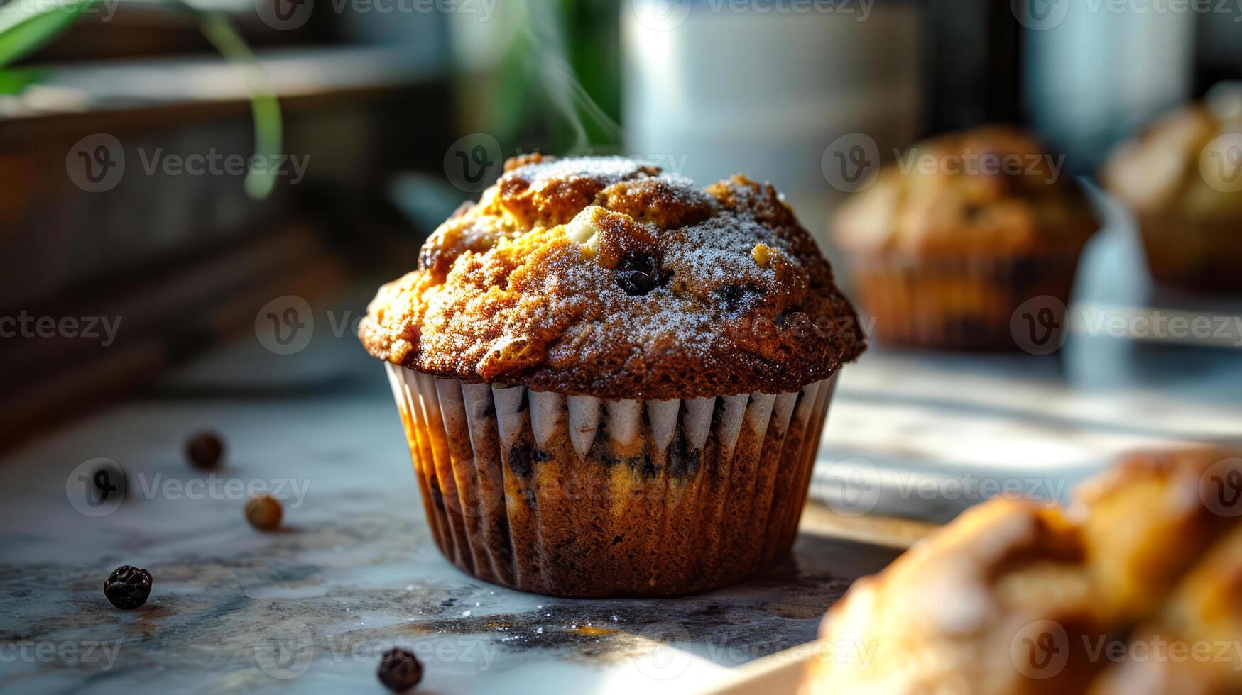 AI generated Homemade muffins with raisins and sugar powder on a dark background. photo