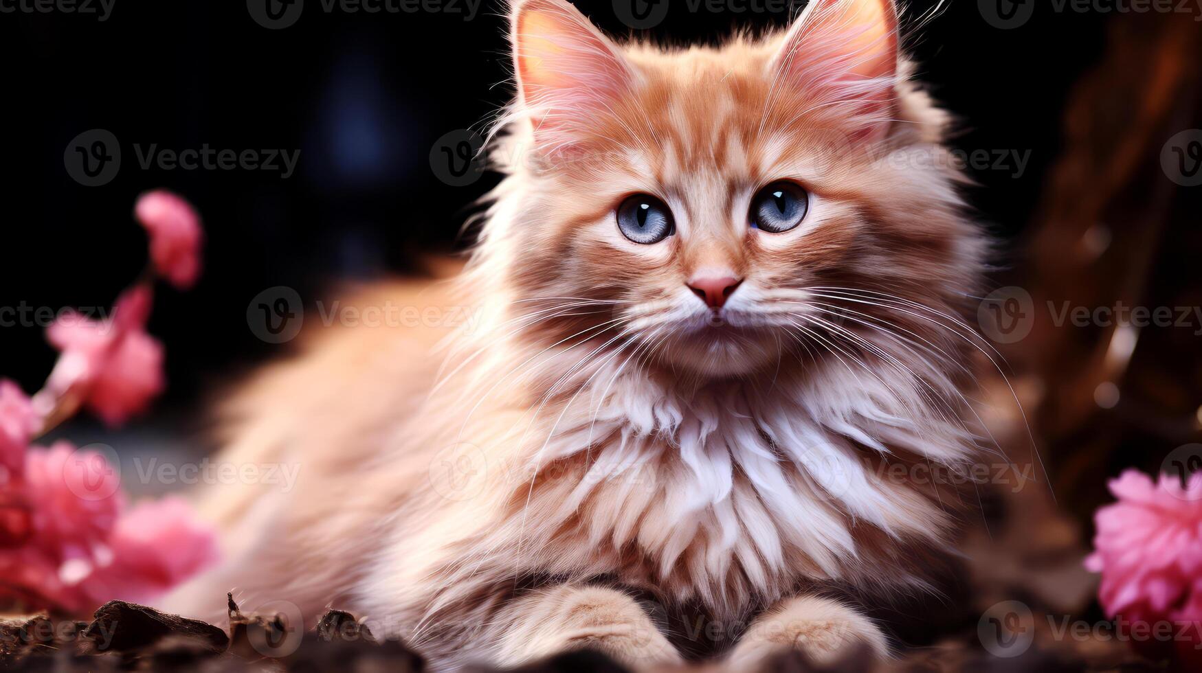 AI generated Cute ginger cat with blue eyes on a dark background. Fluffy pet. photo