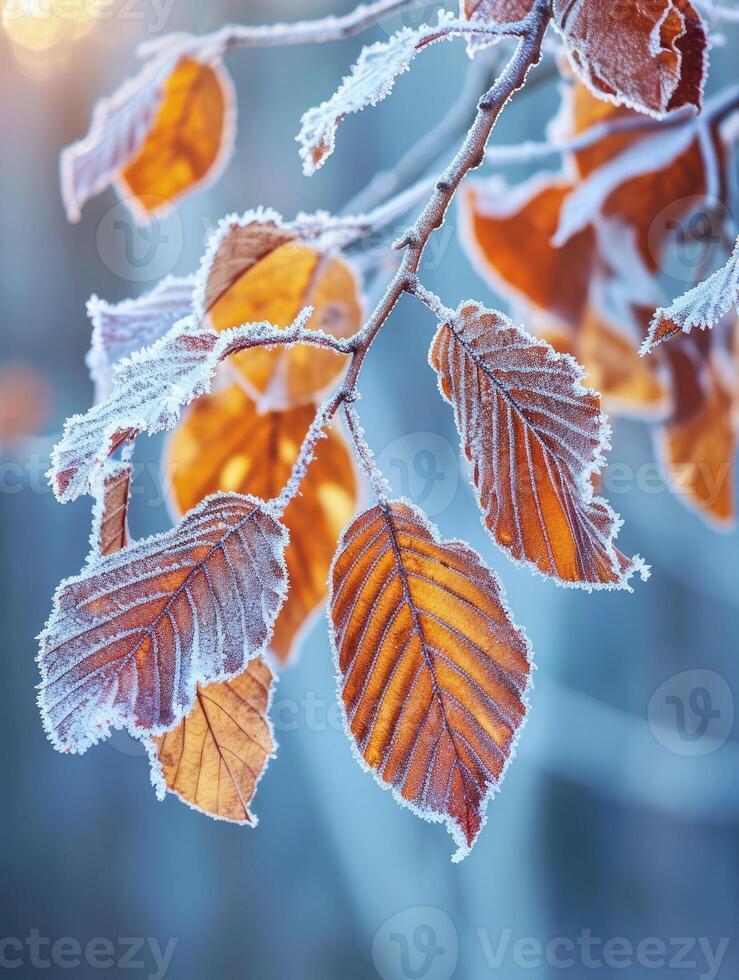 AI generated Orange beech leaves covered with frost in late fall or early winter. photo