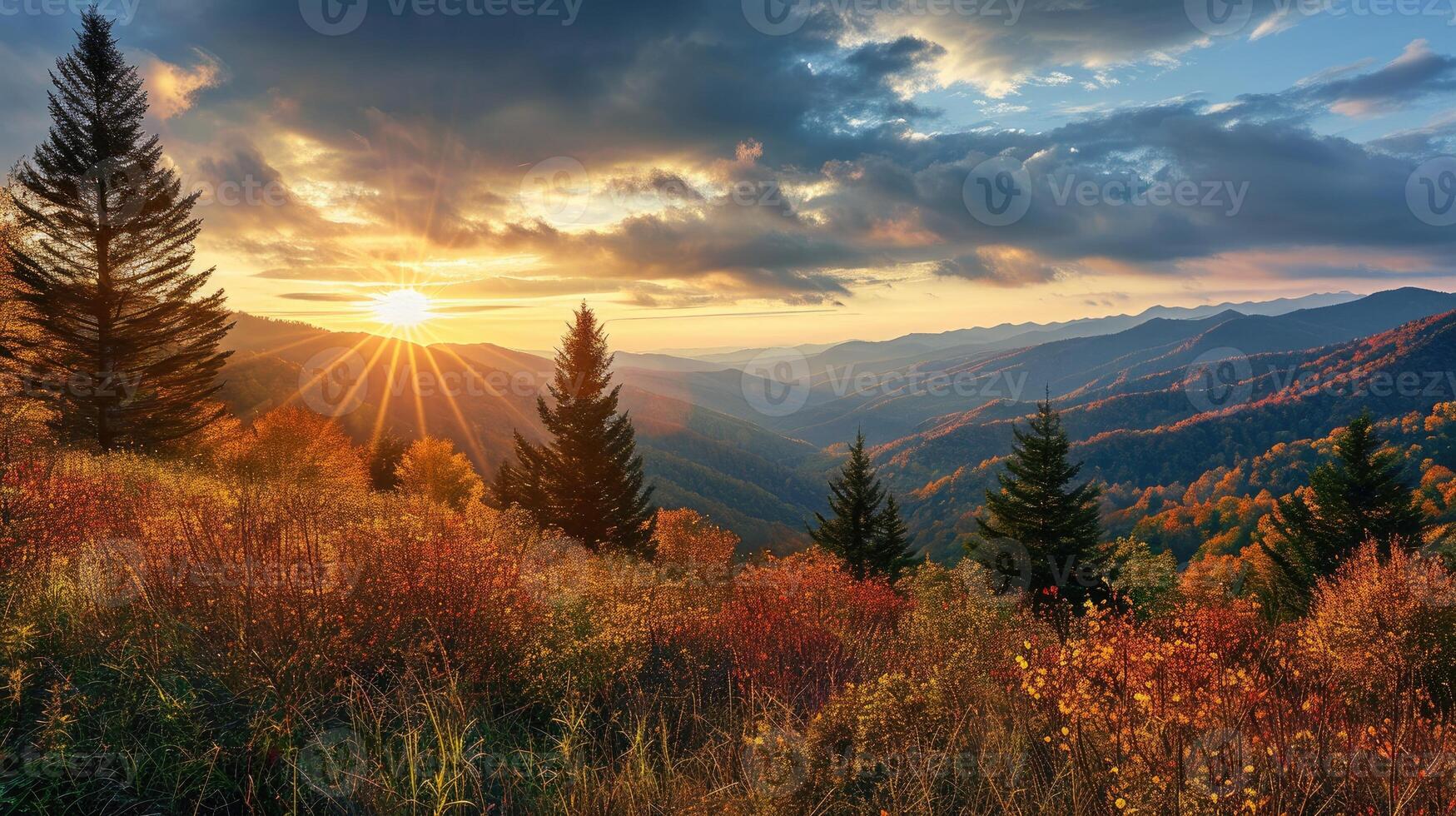 AI generated Mountain landscape with forested hills with fog in the valley at sunrise. Breathtaking natural scenery photo
