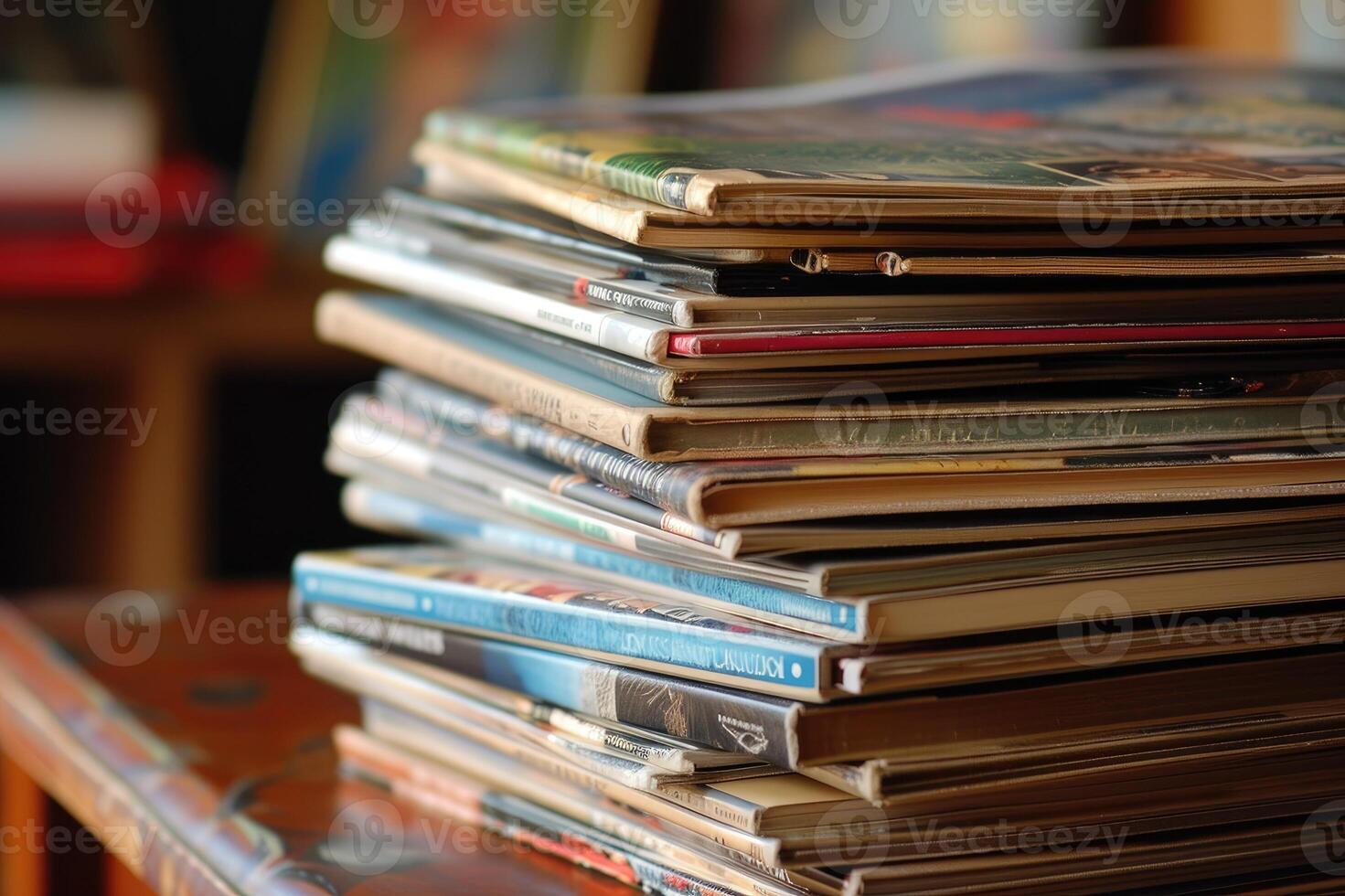 AI generated Stack of magazines on table photo