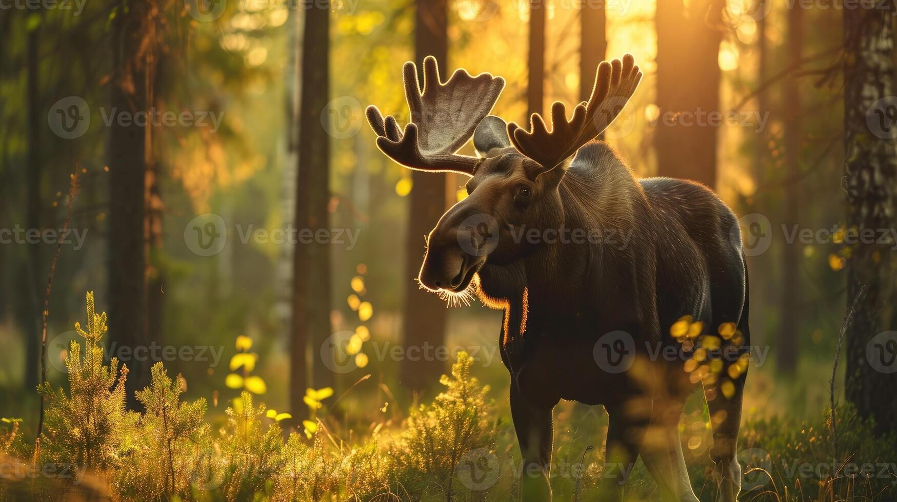 AI generated Close-up of moose in a summer forest. photo