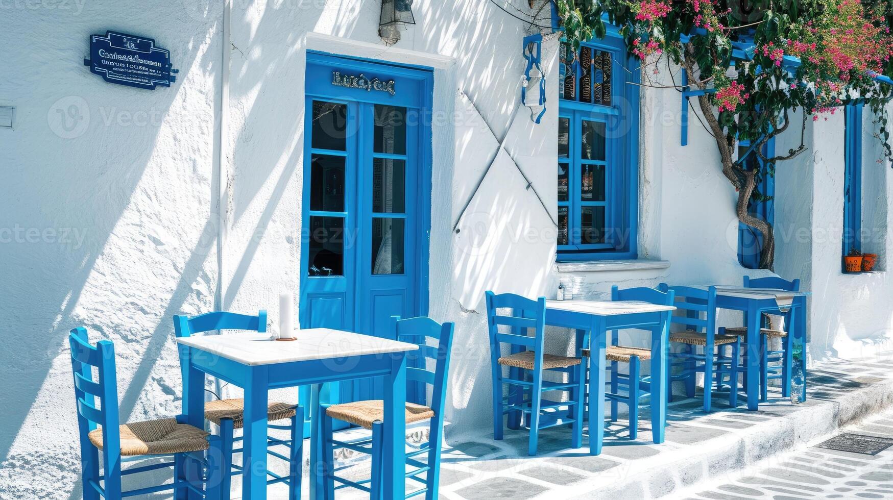 AI generated Greek culture with traditional white and blue greek architecture, taverna photo