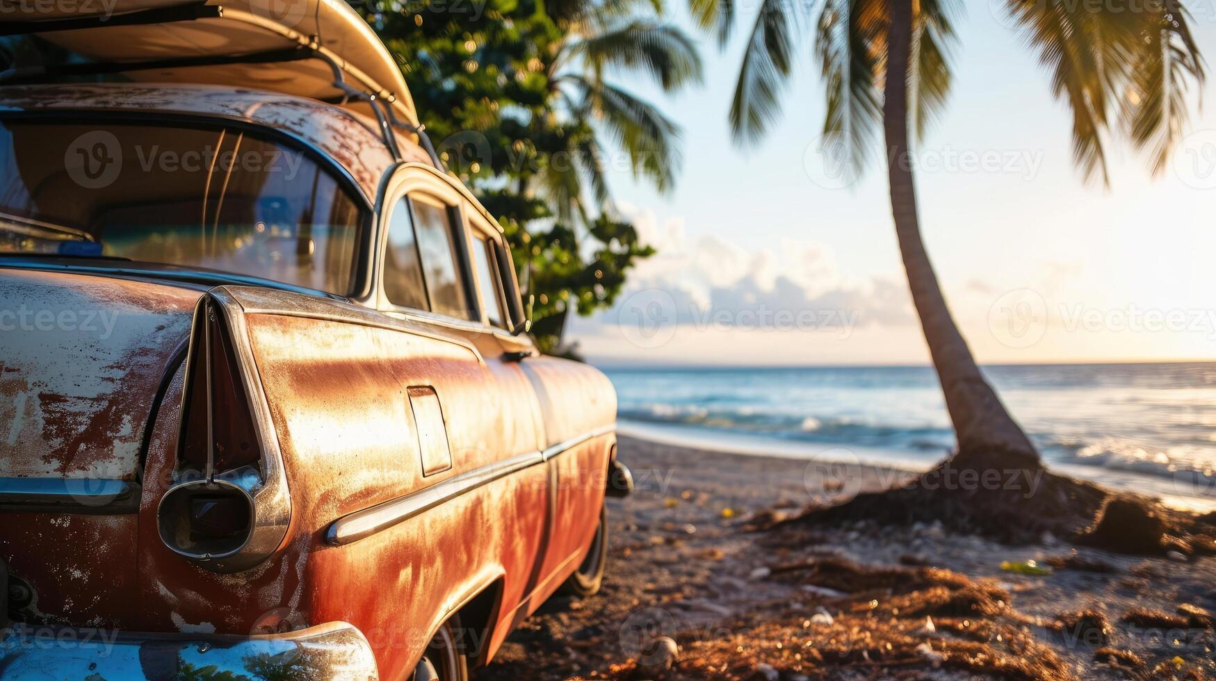 AI generated An old car parked on a tropical beach with a canoe on the roof. photo