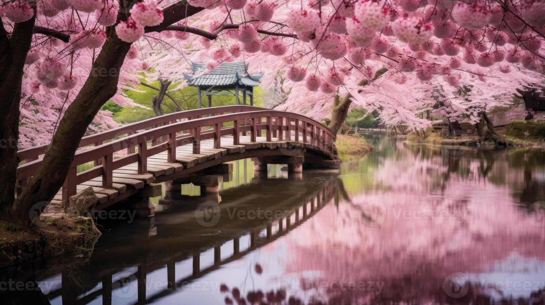 AI generated A bridge over water with pink flowers photo