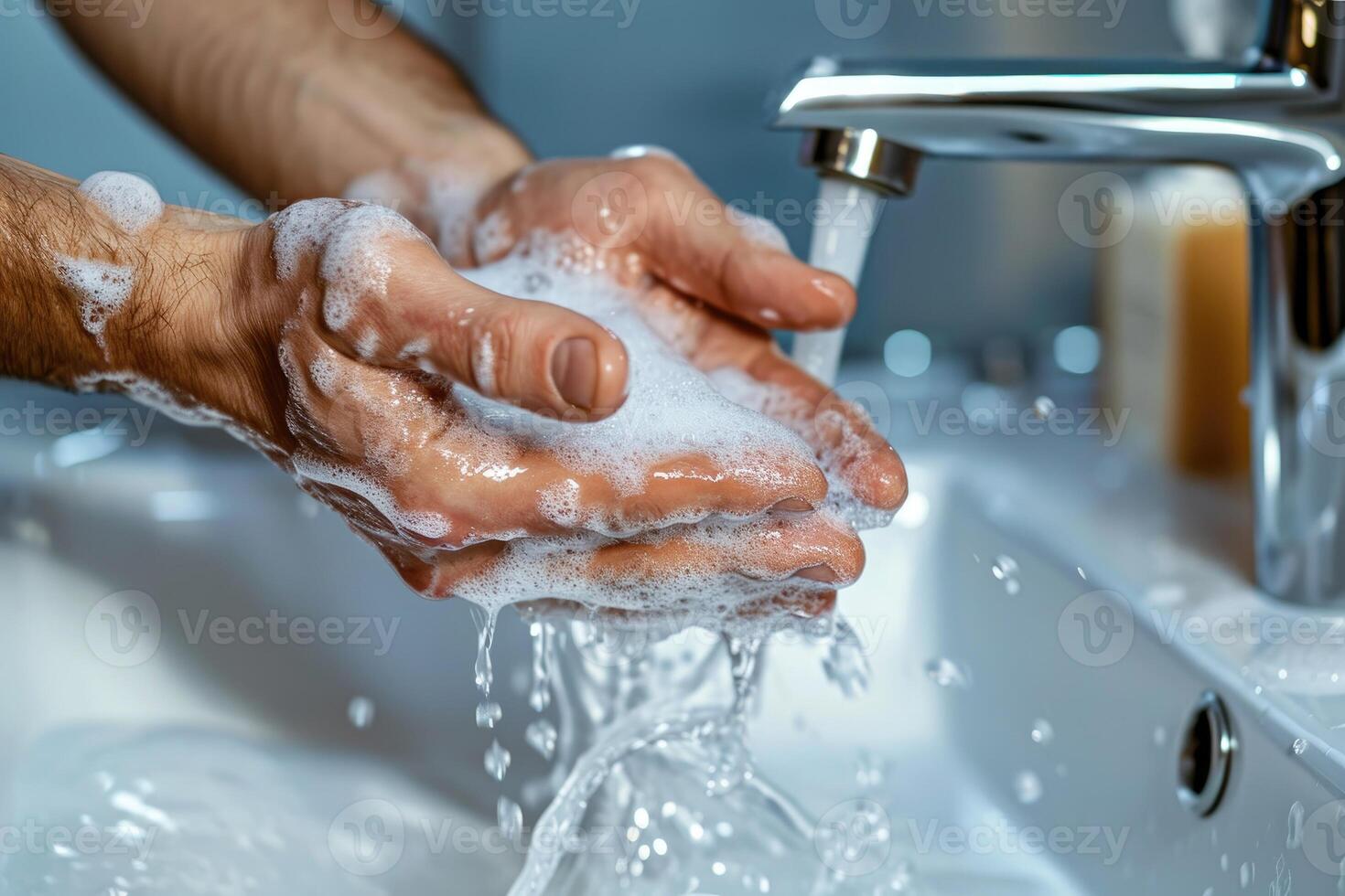 AI generated Hand washing with soap to prevent flu and coronavirus, hygiene and disinfection photo