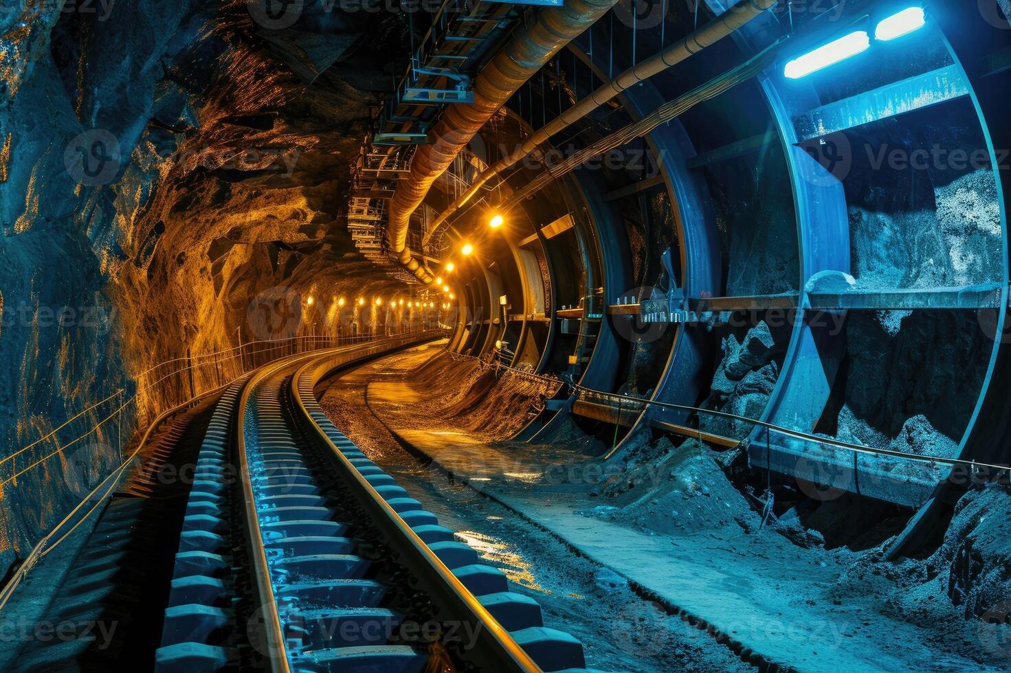 AI generated Rail conveyor in an underground tunnel. Transportation of ore or coal to the surface photo