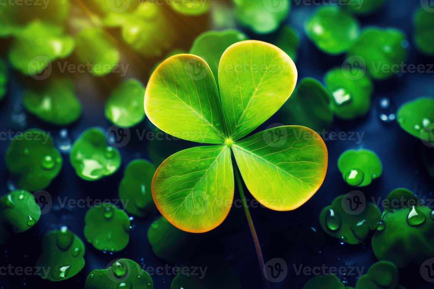 AI generated A group of clovers with water drops photo